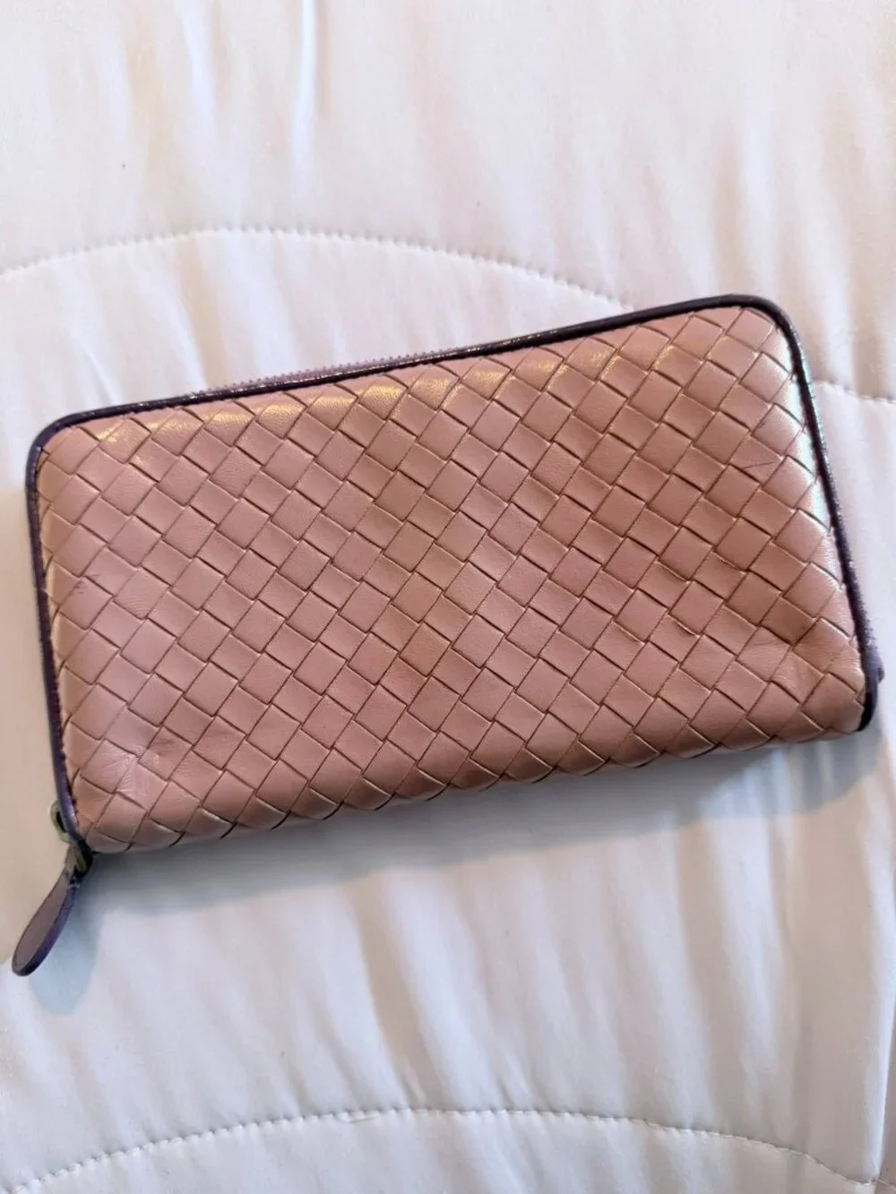 Bottega Veneta Intrecciato Woven Zip-Around Long Wallet Rose Pink Purple Trim